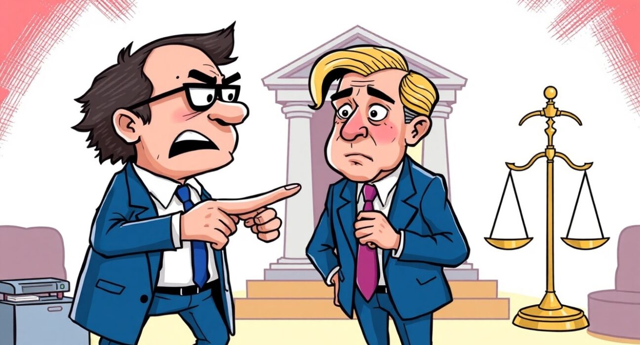 Cartoon illustration of a tense legal standoff, symbolizing the Changpeng Zhao lawsuit threat against Senator Warren.