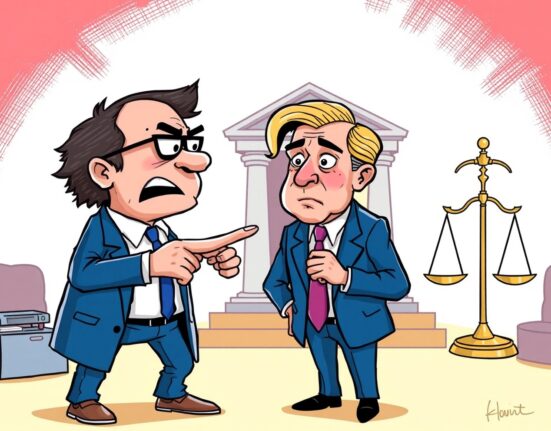 Cartoon illustration of a tense legal standoff, symbolizing the Changpeng Zhao lawsuit threat against Senator Warren.