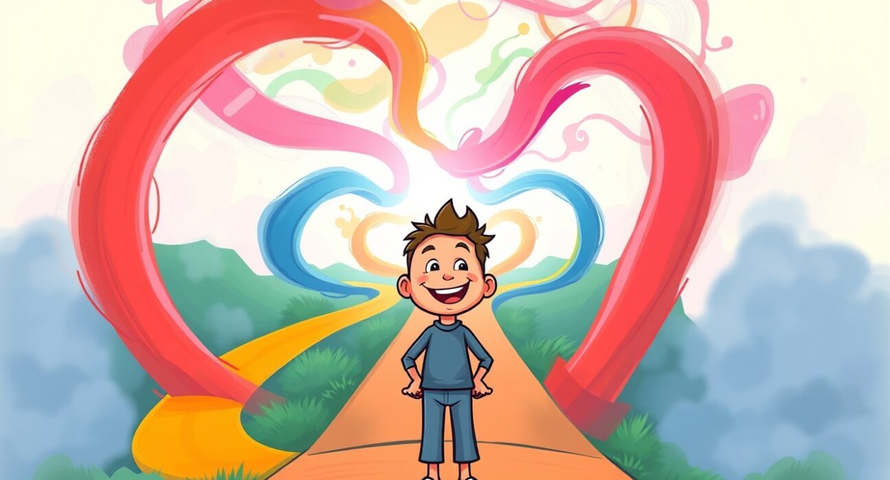 Changpeng Zhao's philosophy illustrated as a joyful journey through life's uncertain, colorful paths.