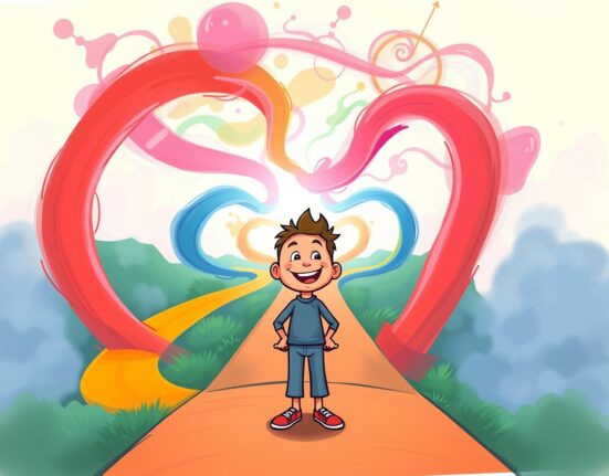 Changpeng Zhao's philosophy illustrated as a joyful journey through life's uncertain, colorful paths.