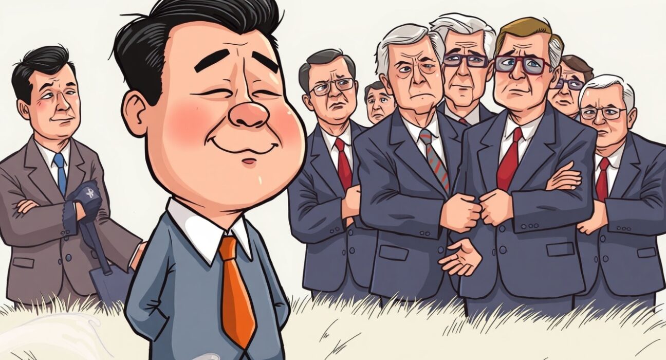 Cartoon of Changpeng Zhao looking resilient, while US lawmakers express disapproval over his controversial pardon decision.