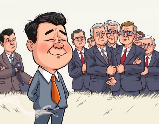 Cartoon of Changpeng Zhao looking resilient, while US lawmakers express disapproval over his controversial pardon decision.