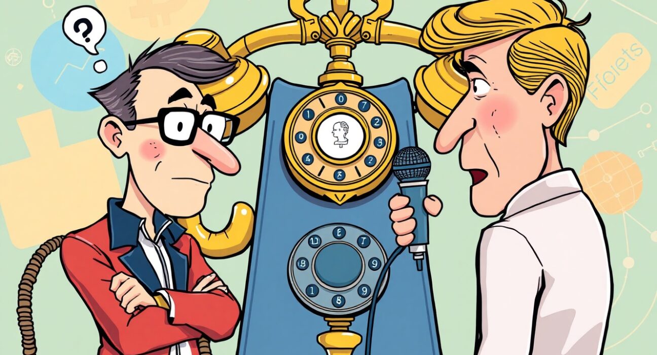 Cartoon illustration of Changpeng Zhao and President Trump with no direct communication