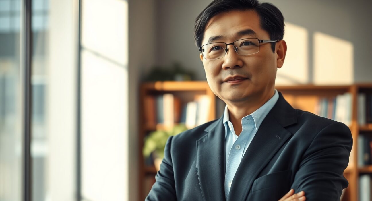 Changpeng Zhao, Binance founder, in a professional office setting during an interview