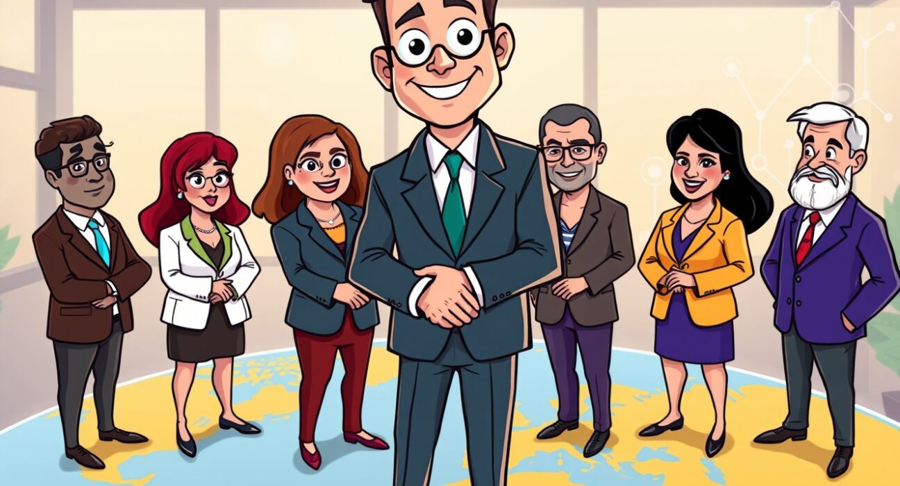 Changpeng Zhao discussing crypto regulation with global government representatives in a collaborative cartoon scene.