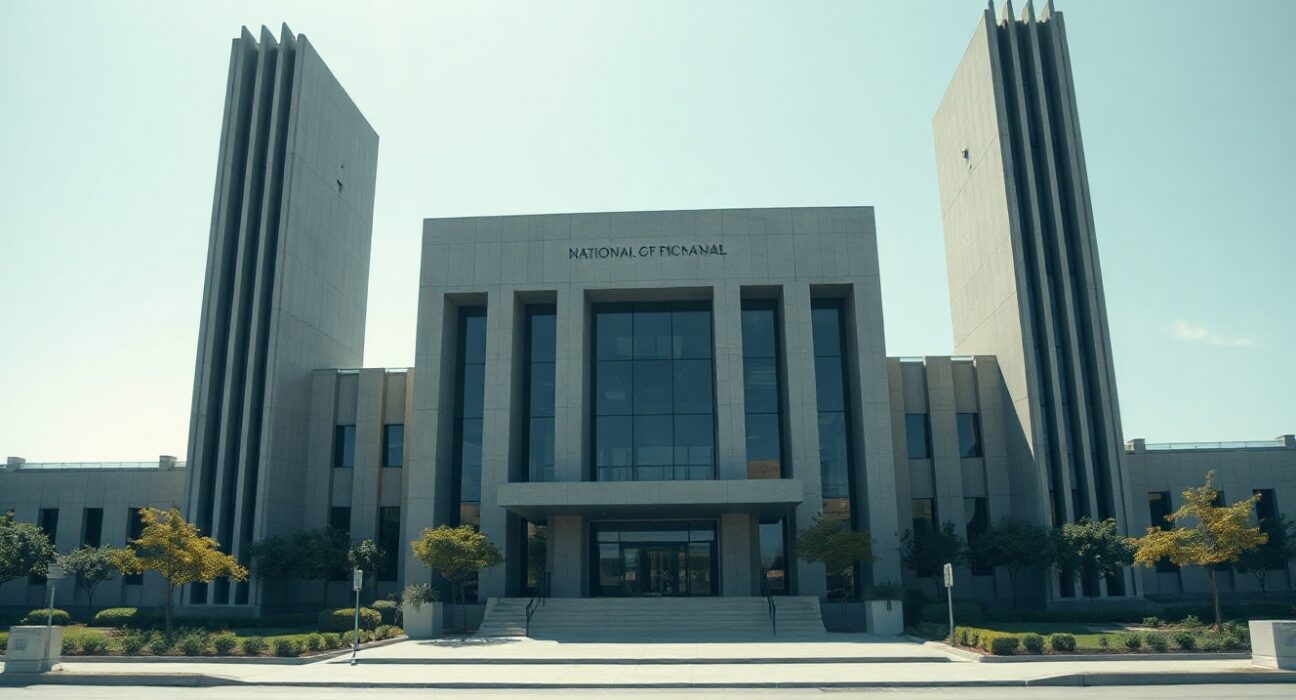 Modern government building with digital overlay representing blockchain and national finance