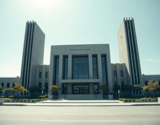 Modern government building with digital overlay representing blockchain and national finance