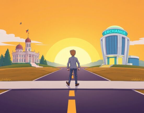 Changpeng Zhao cartoon illustration choosing a peaceful path away from politics and exchange management.