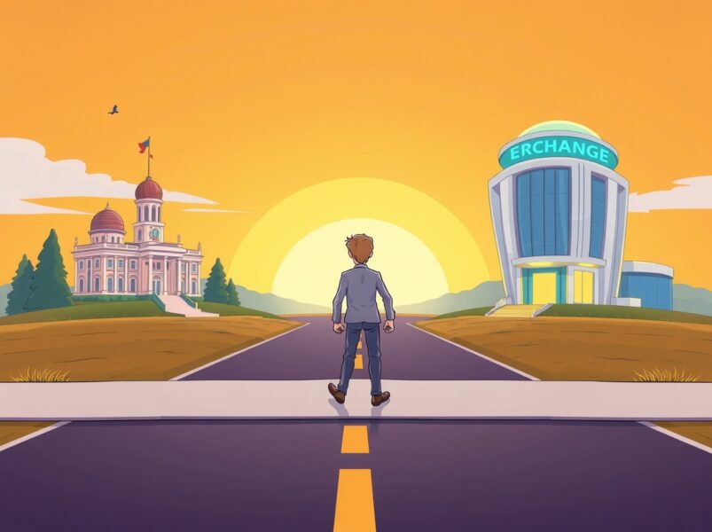 Changpeng Zhao cartoon illustration choosing a peaceful path away from politics and exchange management.