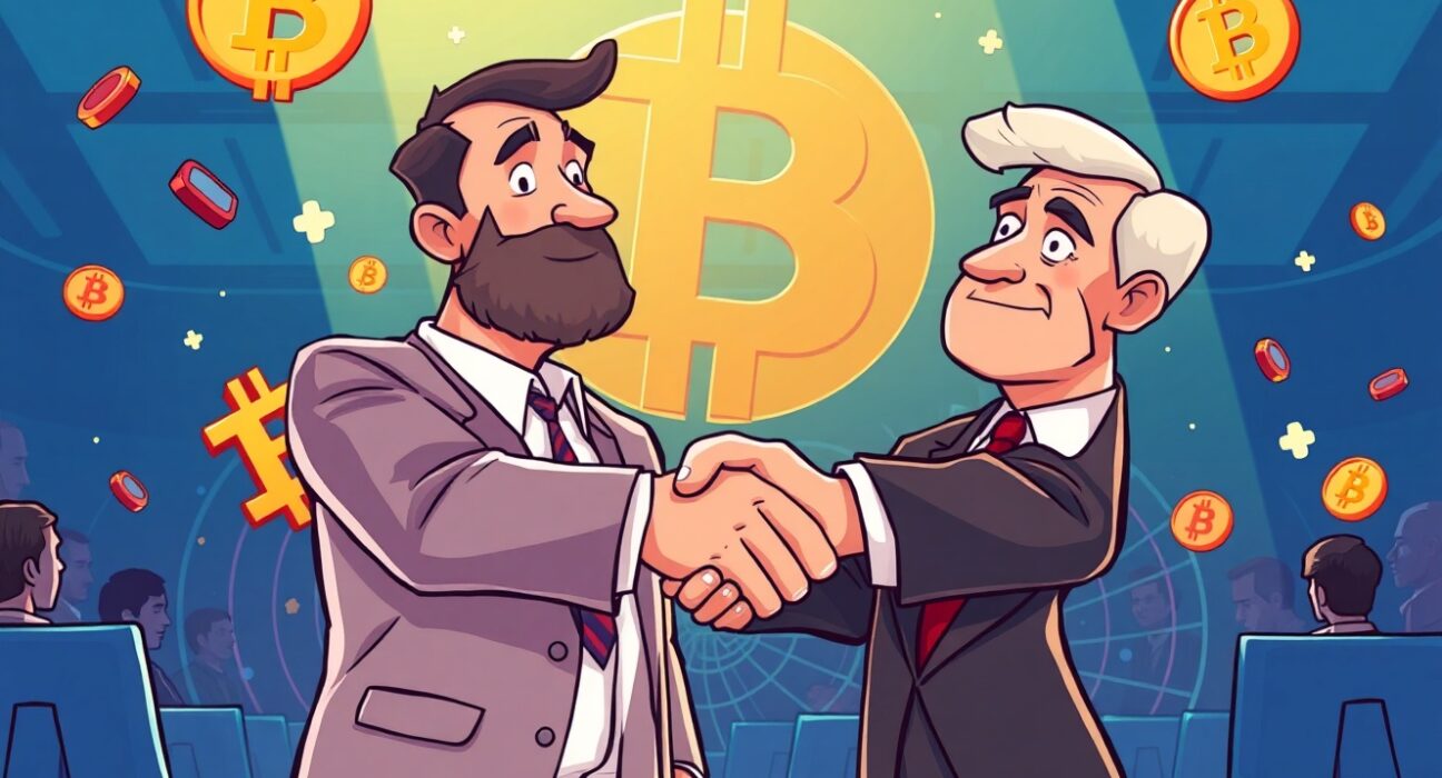 Changpeng Zhao cartoon illustration denying pardon discussions at crypto conference