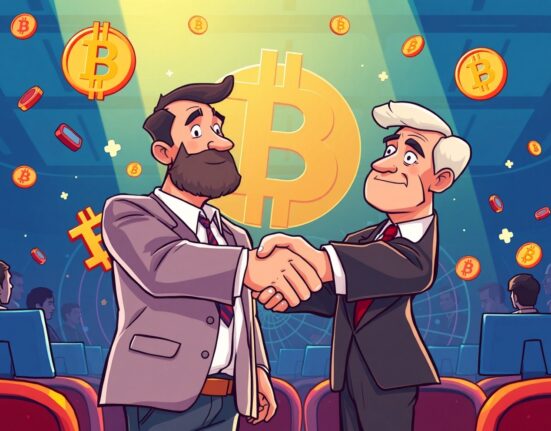 Changpeng Zhao cartoon illustration denying pardon discussions at crypto conference