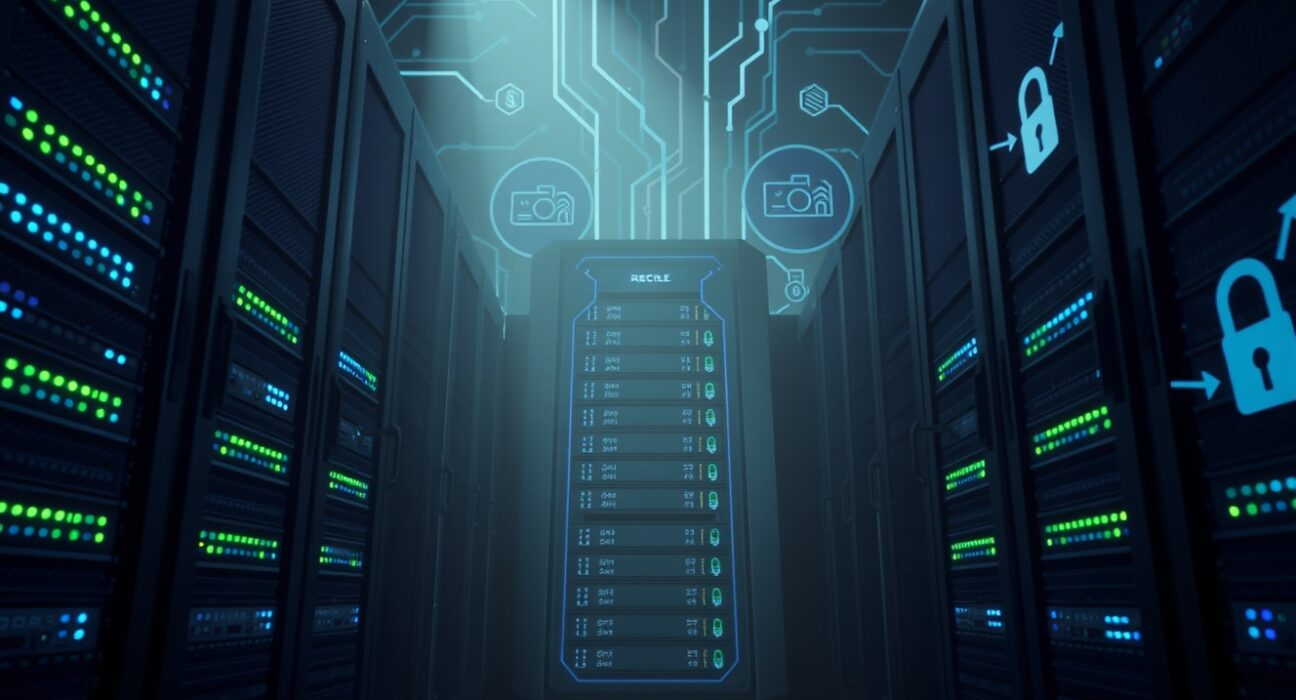 Secure server room with glowing server nodes representing a protected oracle network