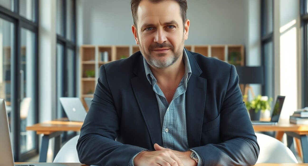 Charles Hoskinson, Cardano founder, in a professional office setting, denying departure rumors.
