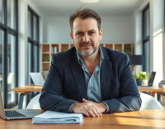 Charles Hoskinson, Cardano founder, in a professional office setting, denying departure rumors.