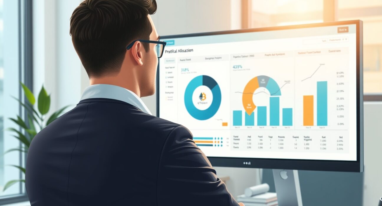 Financial advisor analyzing a portfolio dashboard with Bitcoin and Ethereum allocations at Charles Schwab.