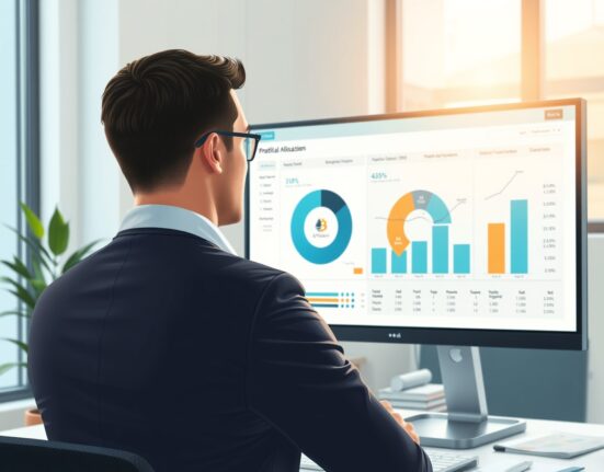 Financial advisor analyzing a portfolio dashboard with Bitcoin and Ethereum allocations at Charles Schwab.