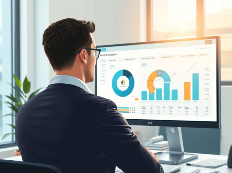 Financial advisor analyzing a portfolio dashboard with Bitcoin and Ethereum allocations at Charles Schwab.