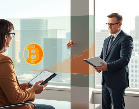Charles Schwab financial advisor explaining Bitcoin education and trading services to client