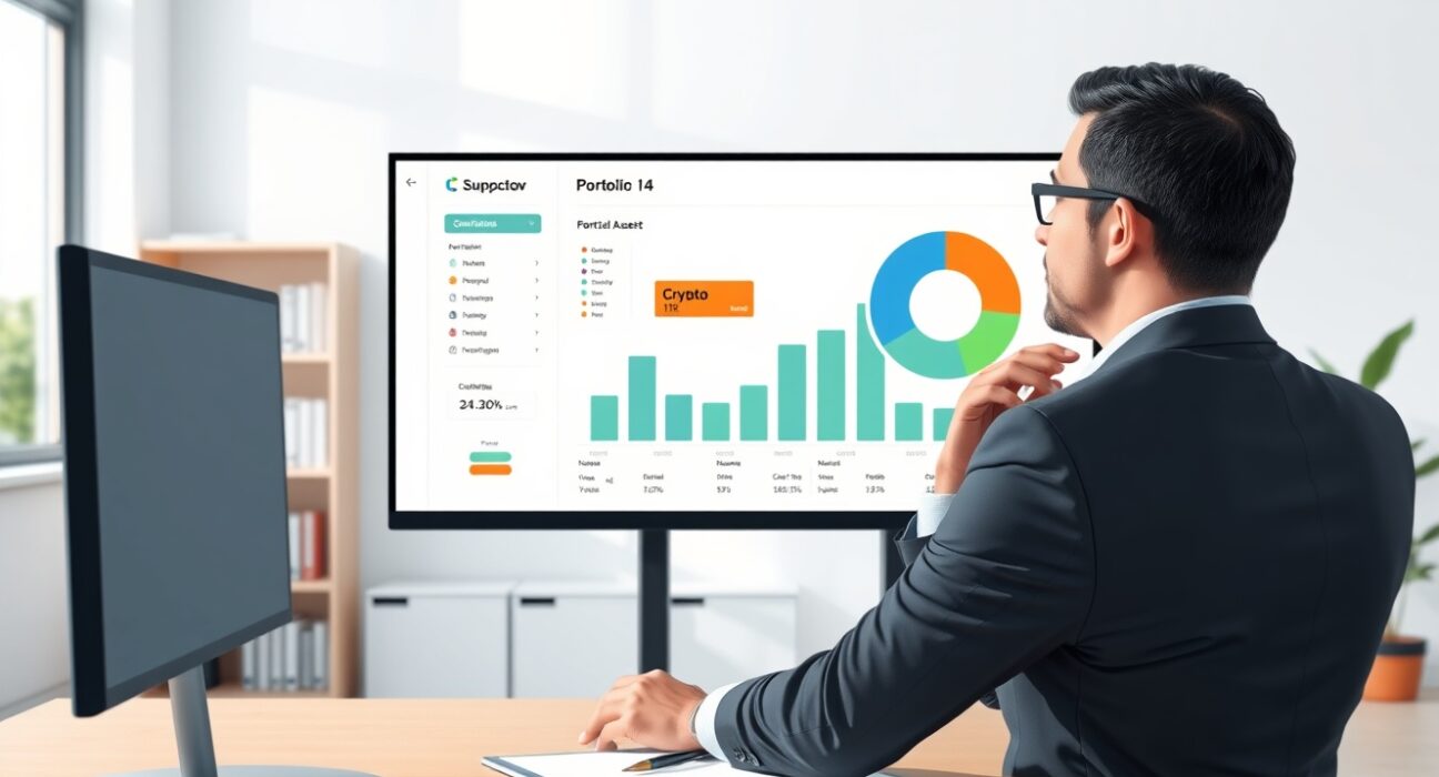 Financial advisor analyzes portfolio dashboard showing a 1% crypto allocation impact on investment risk.