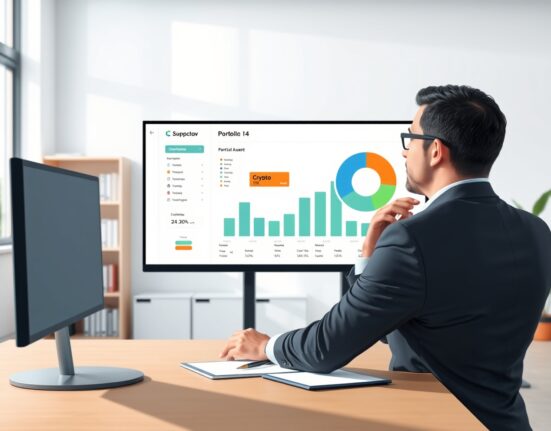 Financial advisor analyzes portfolio dashboard showing a 1% crypto allocation impact on investment risk.