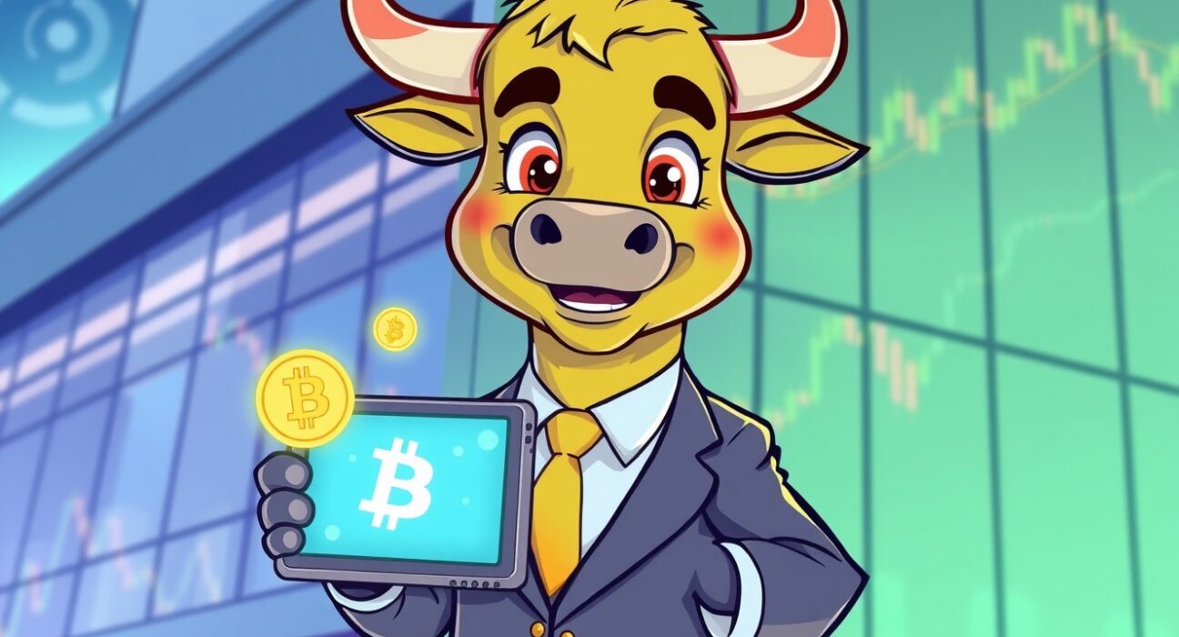 Confident cartoon bull representing Charles Schwab crypto trading with Bitcoin and Ethereum symbols.