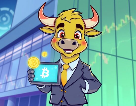 Confident cartoon bull representing Charles Schwab crypto trading with Bitcoin and Ethereum symbols.