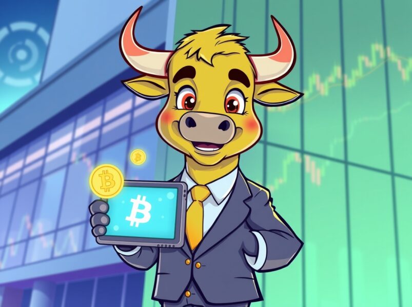 Confident cartoon bull representing Charles Schwab crypto trading with Bitcoin and Ethereum symbols.