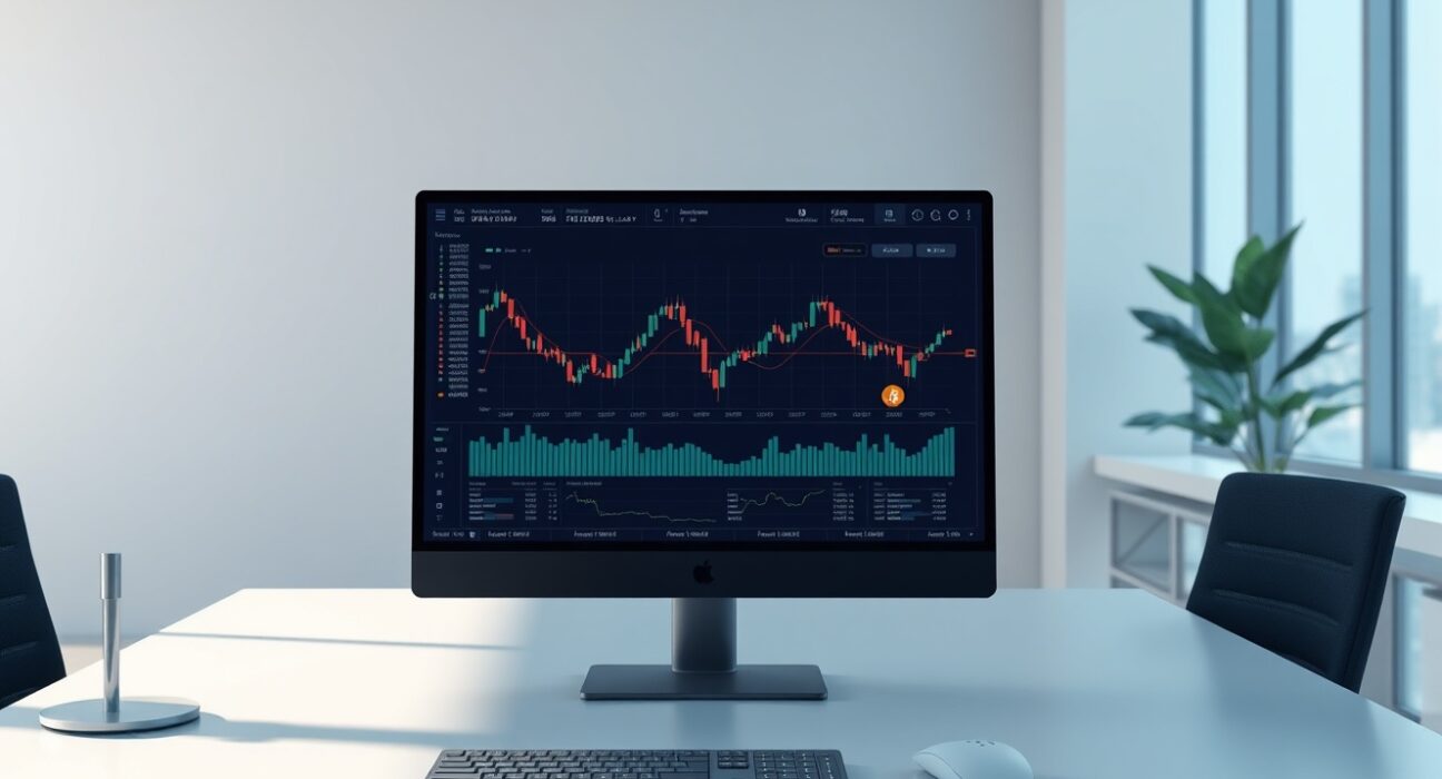 Professional trading desk interface showing Charles Schwab's new cryptocurrency trading service for Bitcoin and Ethereum.