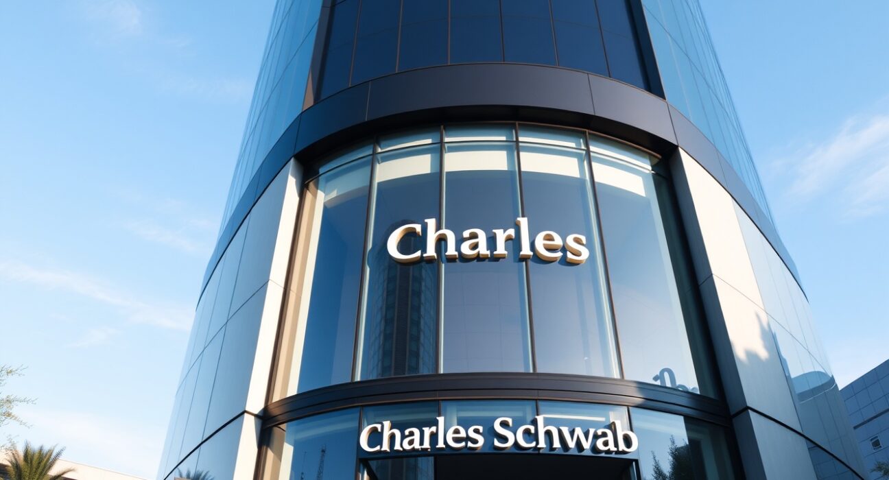 Exterior of a Charles Schwab office building under a clear blue sky