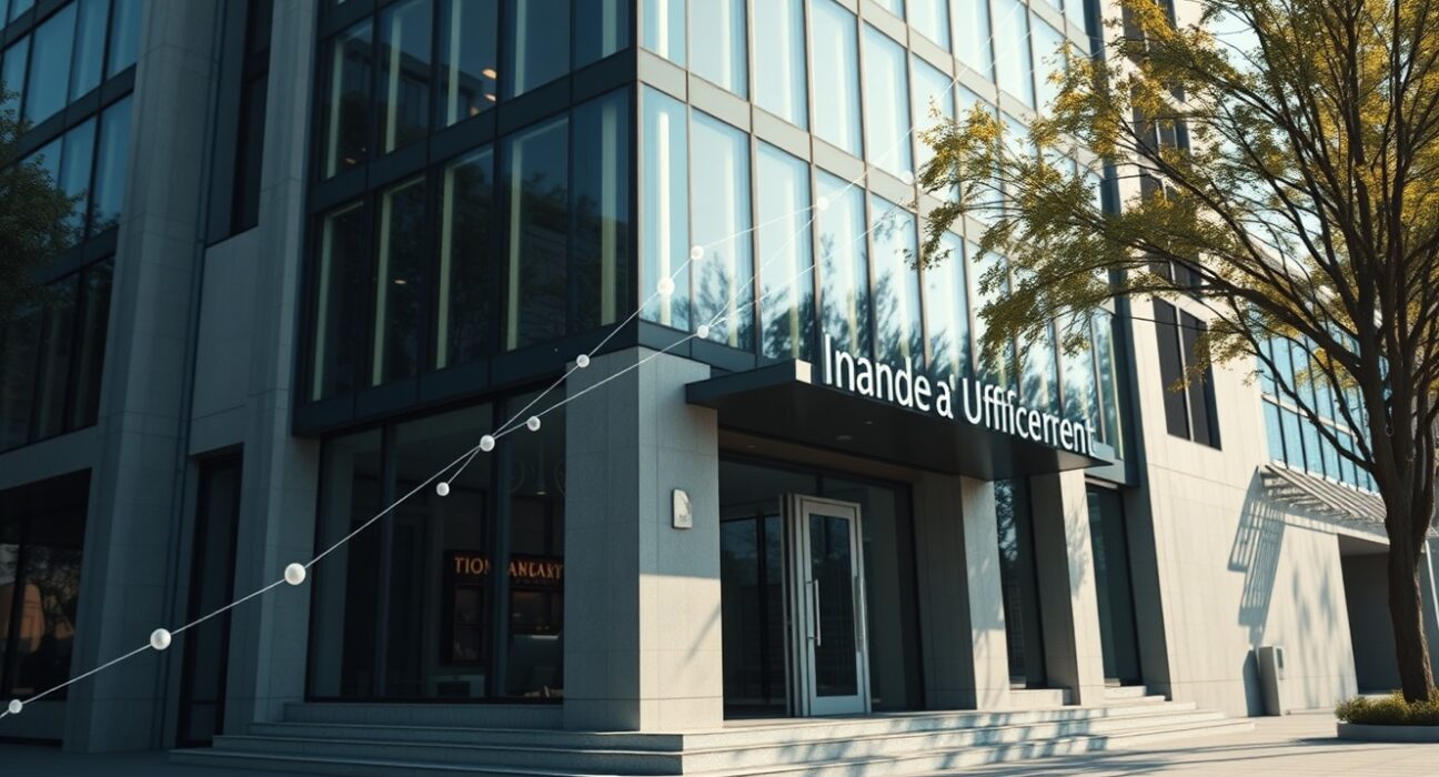 Modern financial building exterior with subtle digital overlay representing cryptocurrency and AI concepts
