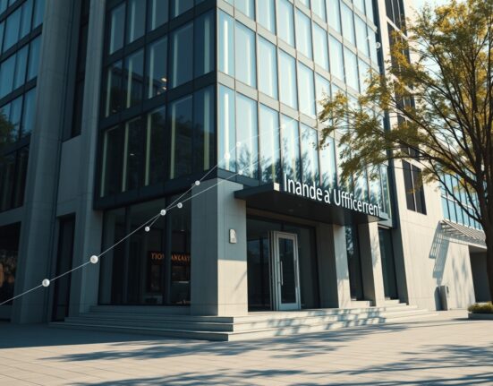 Modern financial building exterior with subtle digital overlay representing cryptocurrency and AI concepts