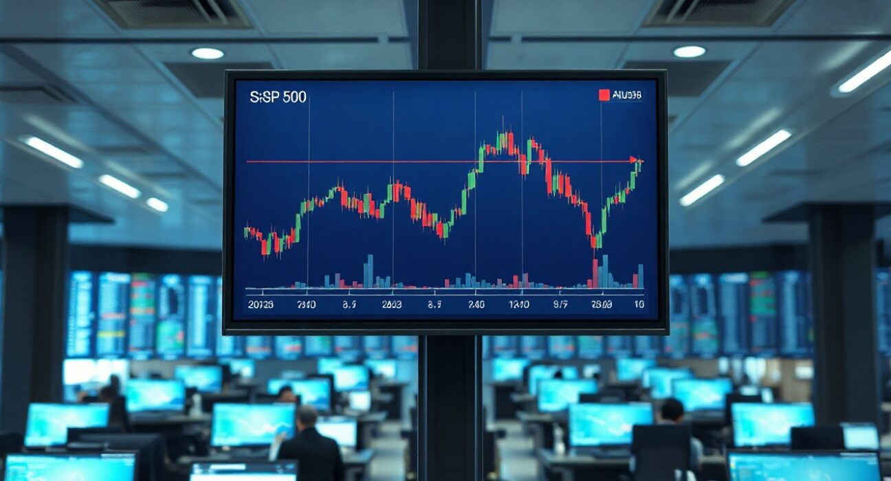 Financial trading floor with S&P 500 chart on large digital screen representing event-based options trading