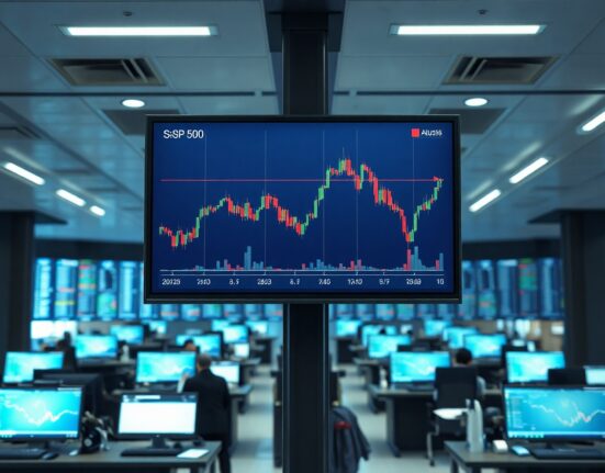 Financial trading floor with S&P 500 chart on large digital screen representing event-based options trading