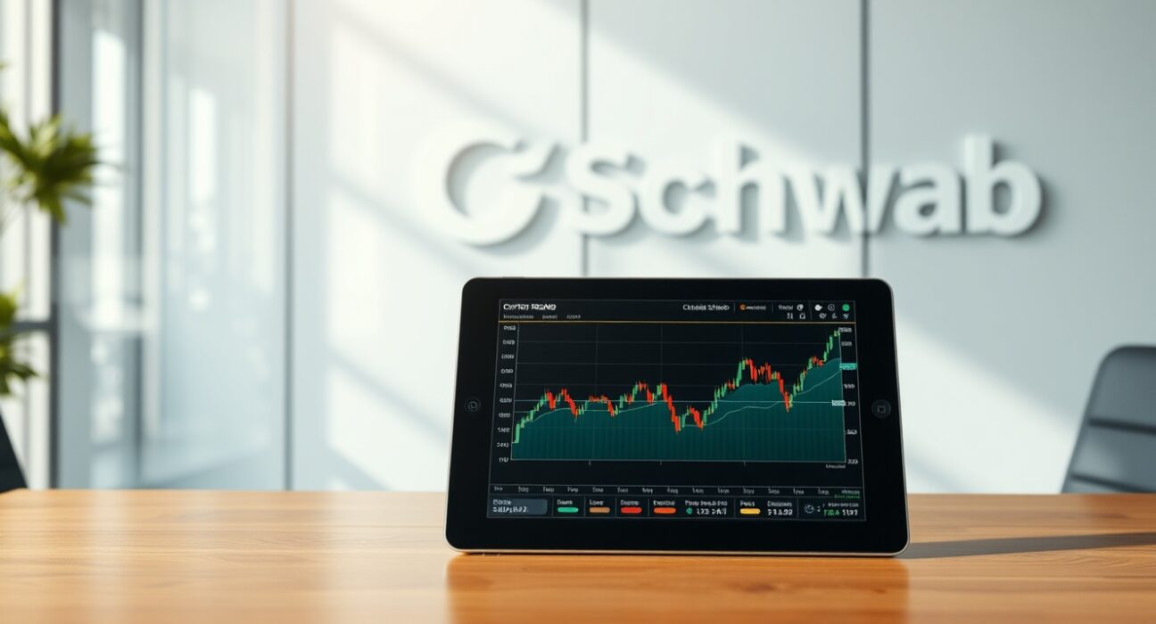 Tablet displaying cryptocurrency charts on a desk in a modern financial office with Charles Schwab branding in background.