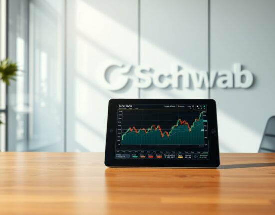 Tablet displaying cryptocurrency charts on a desk in a modern financial office with Charles Schwab branding in background.