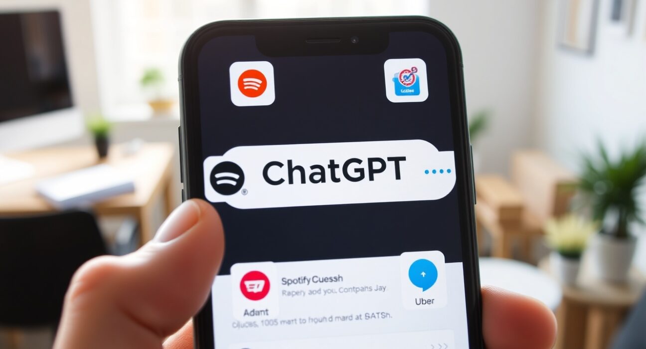 Guide to using ChatGPT app integrations with services like DoorDash and Spotify on a smartphone.