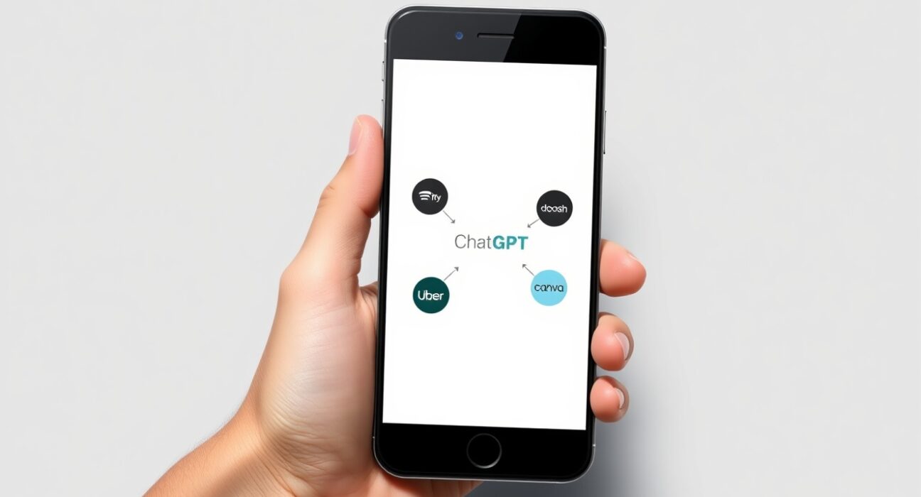 Guide to ChatGPT app integrations showing connected services like Spotify and DoorDash on a smartphone interface.
