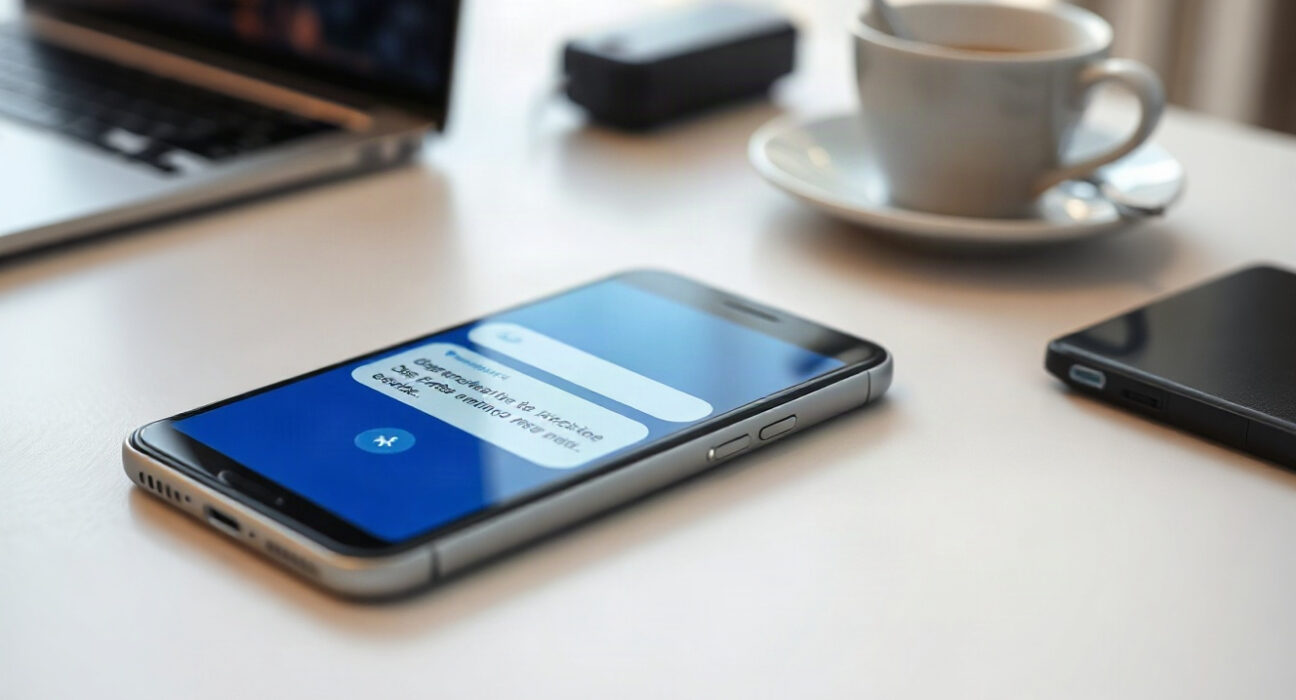 Smartphone with AI-assisted messaging interface on a desk, representing ChatGPT's Apple Messages plugin.