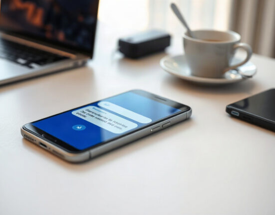Smartphone with AI-assisted messaging interface on a desk, representing ChatGPT's Apple Messages plugin.