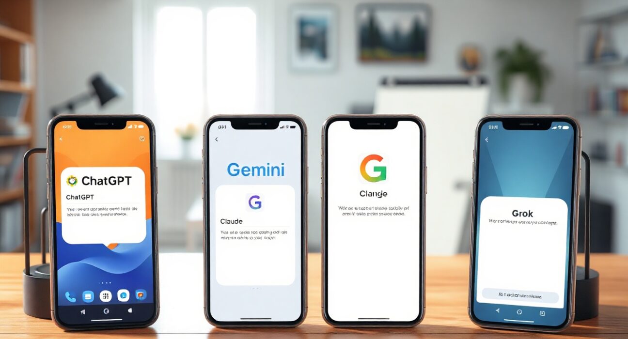Four smartphones displaying ChatGPT, Gemini, Claude, and Grok AI assistant interfaces on a desk