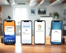 Four smartphones displaying ChatGPT, Gemini, Claude, and Grok AI assistant interfaces on a desk