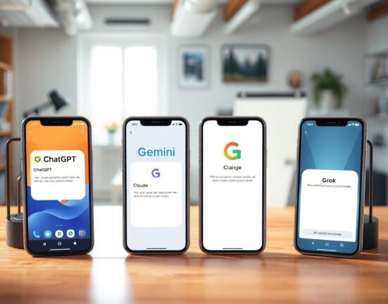 Four smartphones displaying ChatGPT, Gemini, Claude, and Grok AI assistant interfaces on a desk