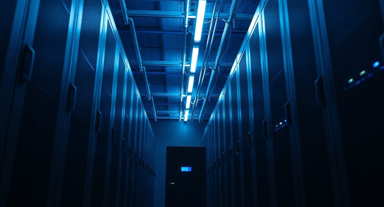 A modern data center with a highlighted compact server unit, symbolizing the shift to smaller, more cost-effective AI models.