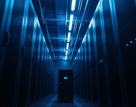 A modern data center with a highlighted compact server unit, symbolizing the shift to smaller, more cost-effective AI models.