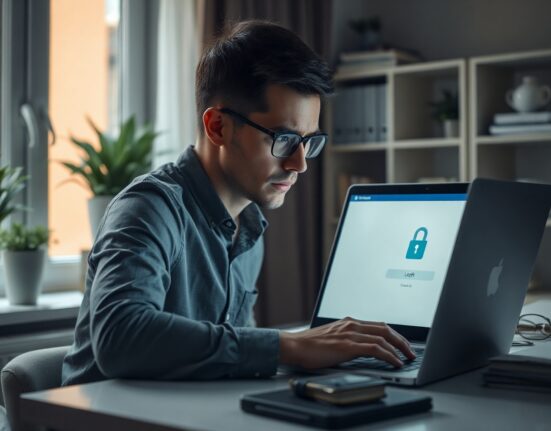Person checking laptop for AI account security alerts