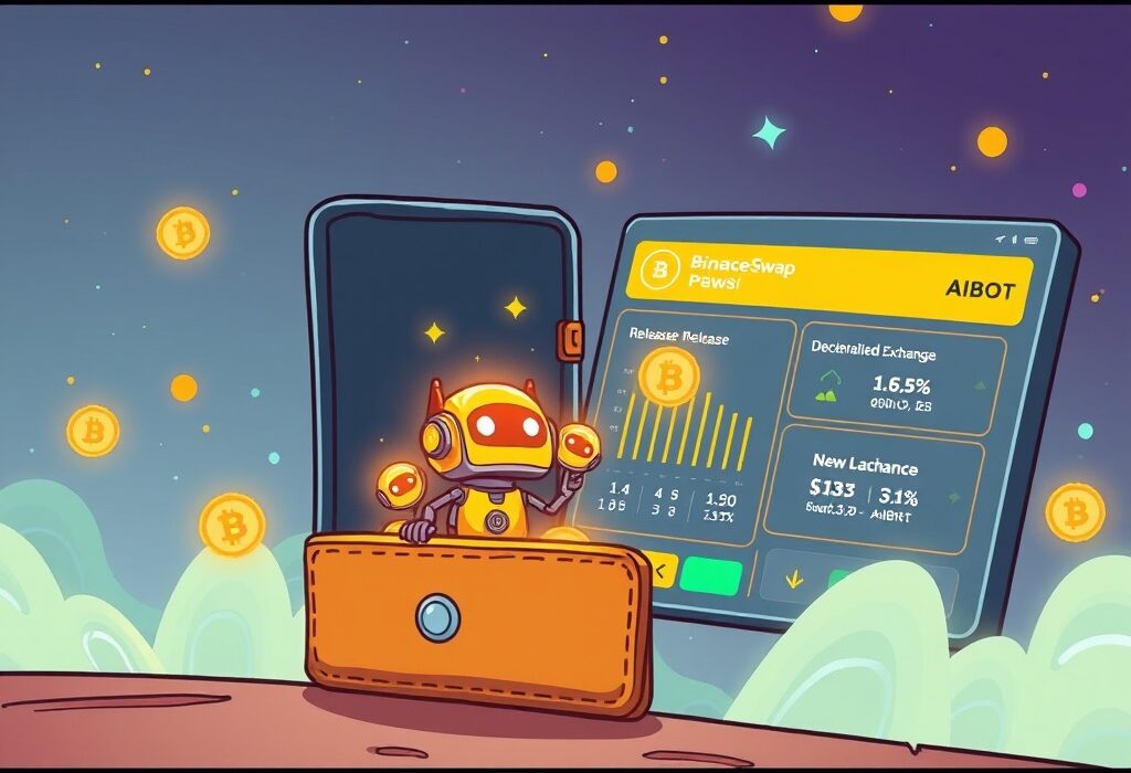 A cartoon illustration showing the exciting Cherry AI TGE being launched from Binance Wallet onto PancakeSwap.