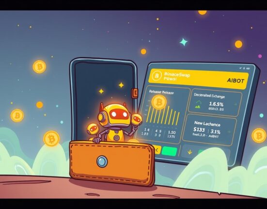 A cartoon illustration showing the exciting Cherry AI TGE being launched from Binance Wallet onto PancakeSwap.