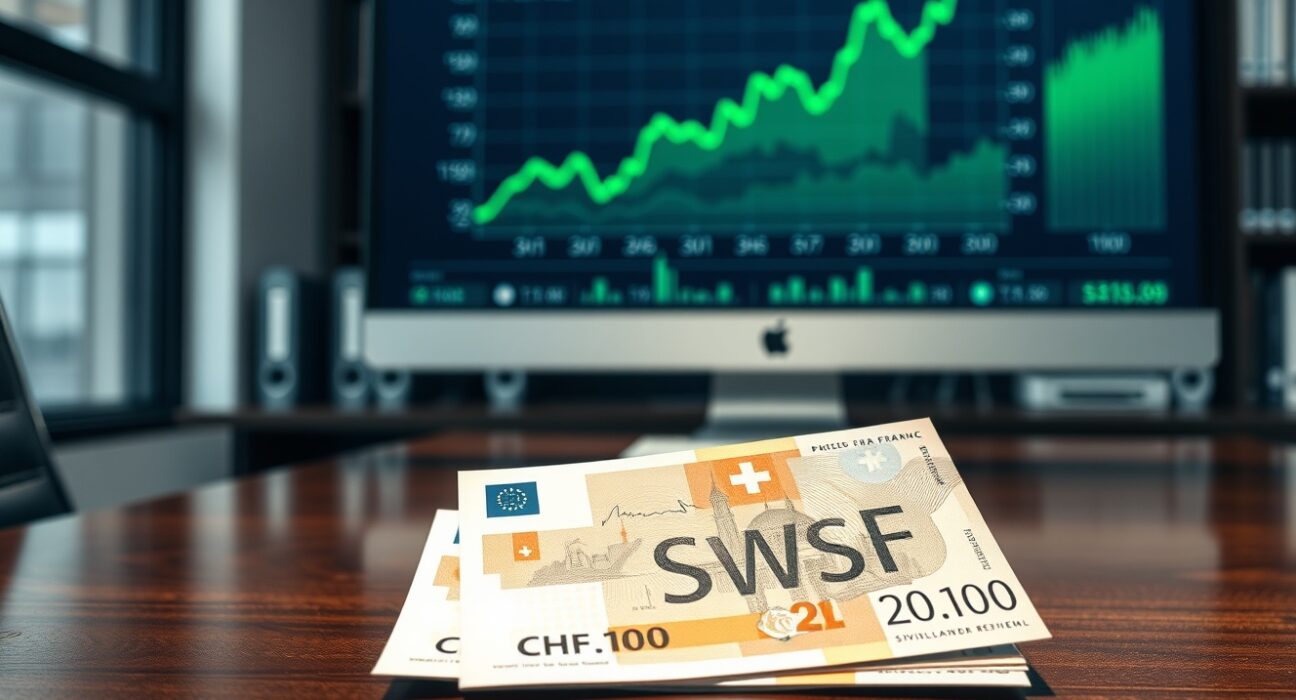 Swiss Franc banknotes with financial charts representing CHF currency strength analysis.