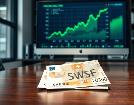 Swiss Franc banknotes with financial charts representing CHF currency strength analysis.