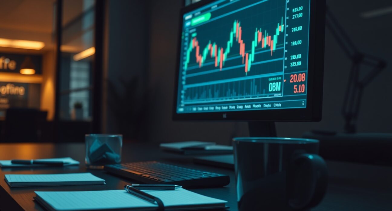 Forex trading screen showing CHF/JPY chart in a dimly lit office